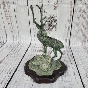 Toyo Bronze Sculpture Deer/Elk Stag Buck & Doe Wood Base Made in Korea 10"×6.5"